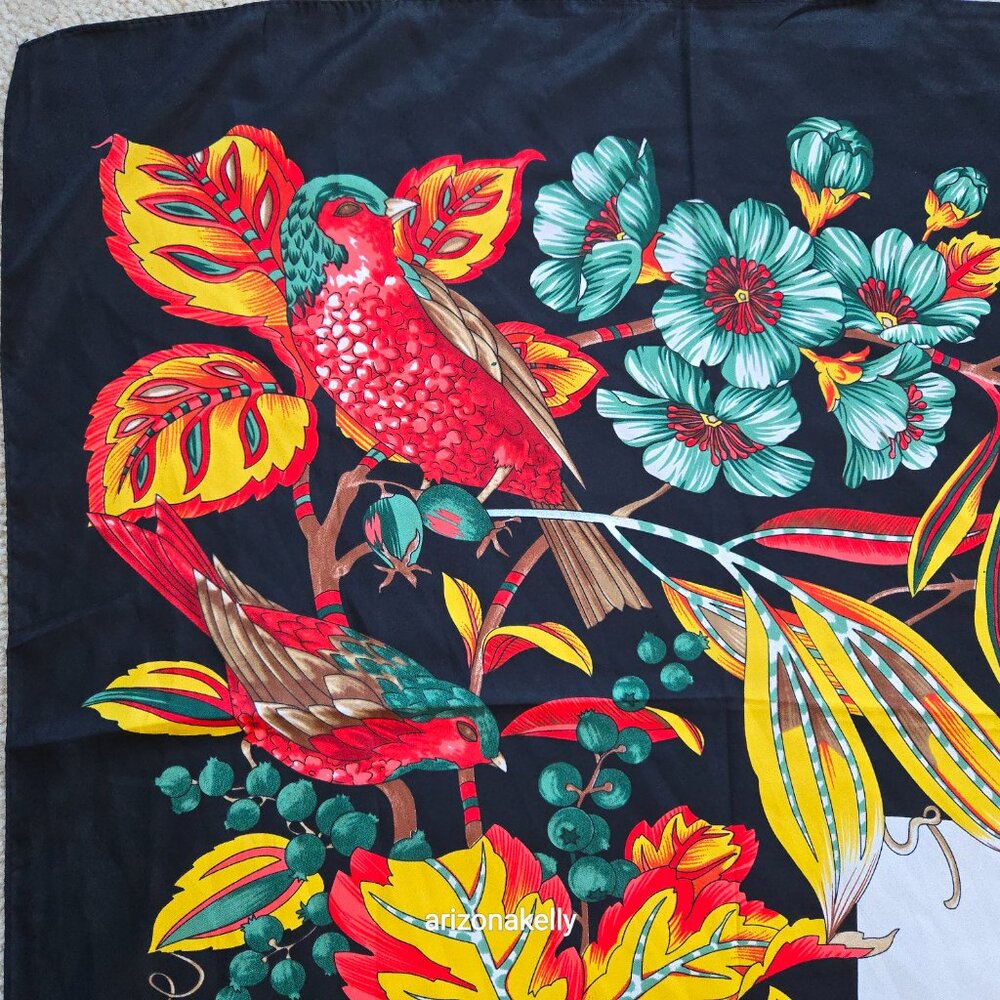 NWOT Huge Silk Scarf Shawl Wrap Birds Leaves Flowers - Picture 7 of 11